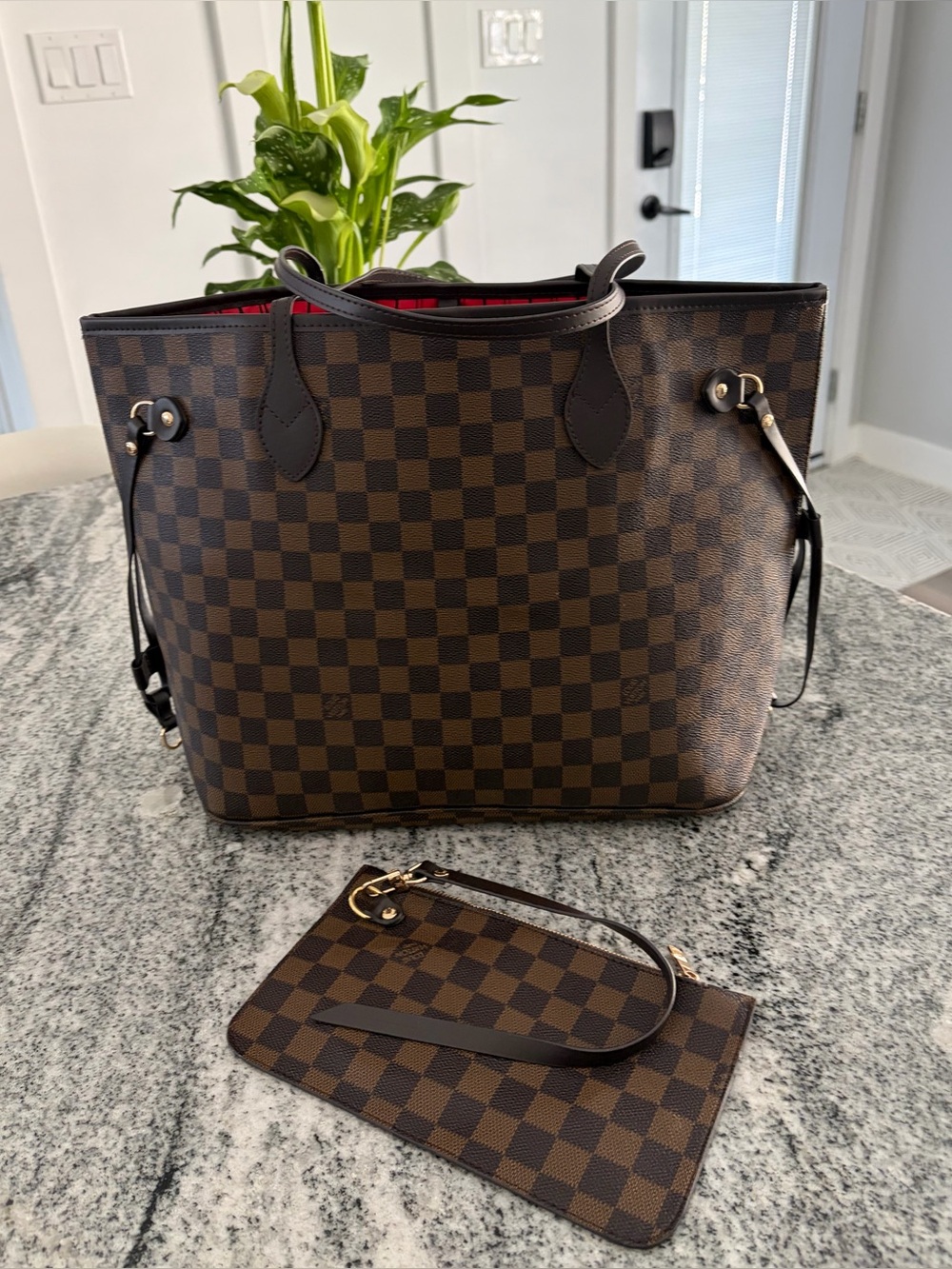 Brown Checkered Tote Bag with Pouch - Designer-Inspired Women’s Handbag